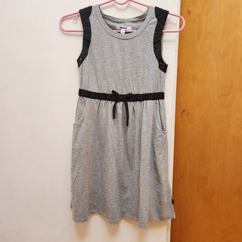 DKNY Girls L Gray Black Bow Elastic Waist Mini Tank Sleeveless Dress Pockets